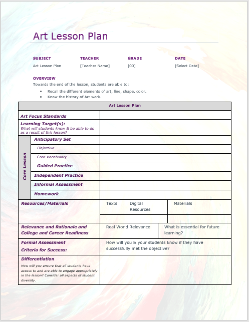Art Lesson Plan Template Word Templates For Free Download