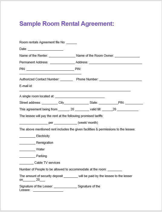 Room Rental Agreement Template Word Templates For Free Download