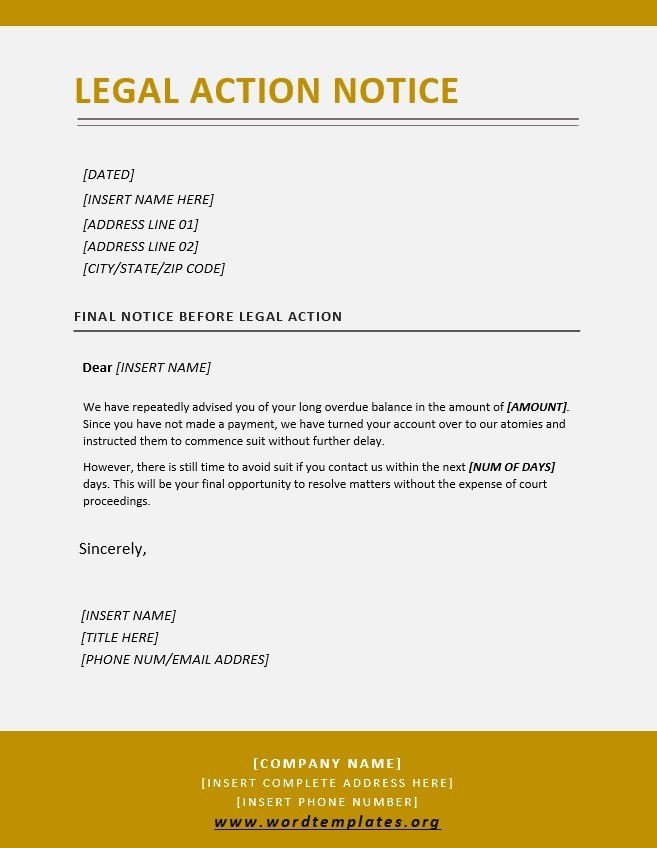 Legal Action Notice Templates Word Templates for Free Download