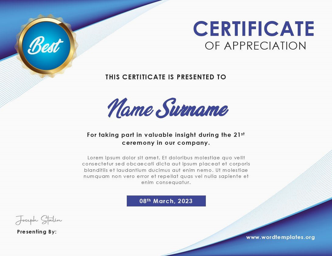 sample template of certificate of appreciation
