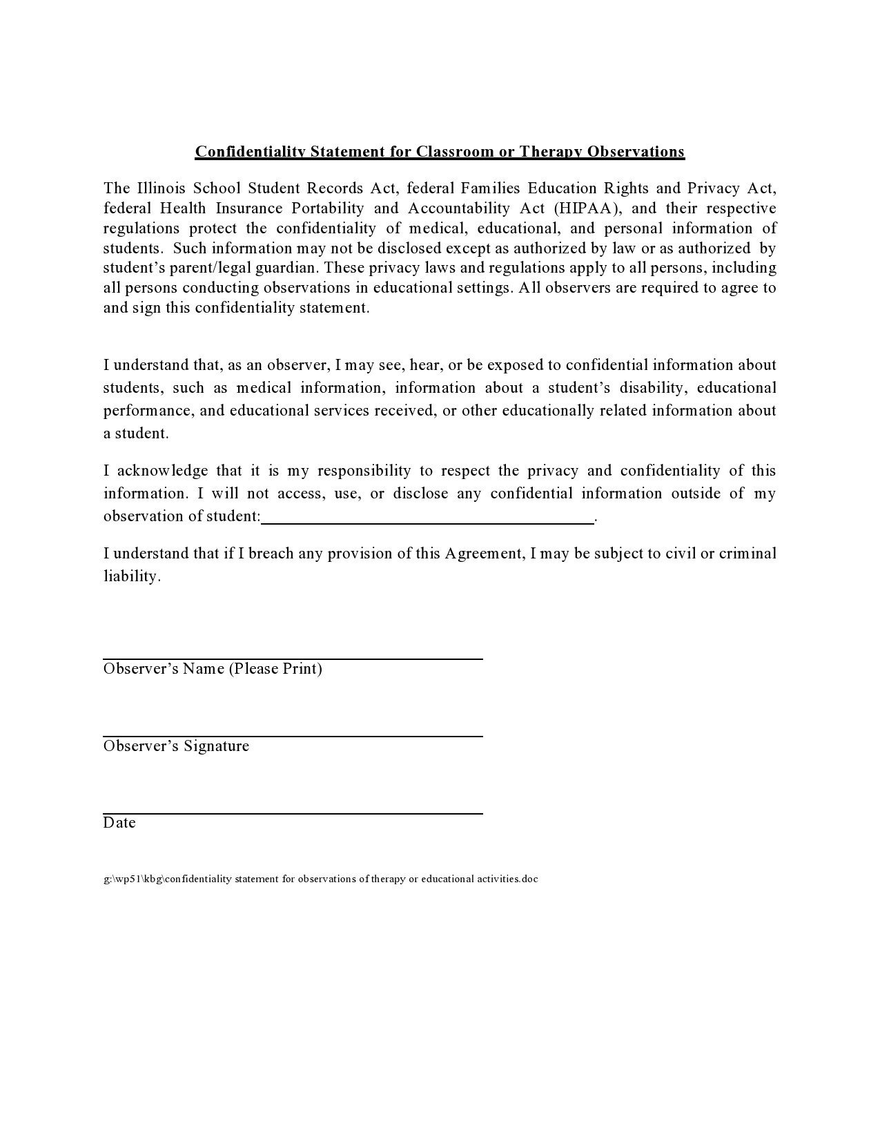 confidentiality statement for business plan