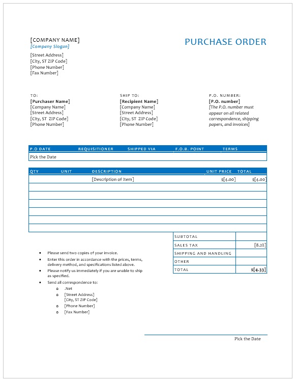 Blue Purchase Order Form