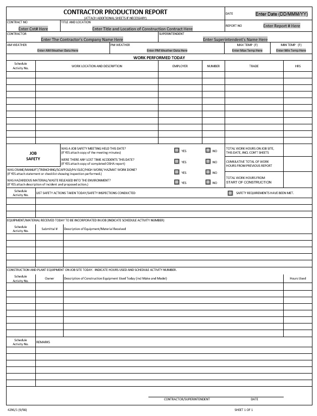 Contractor Production Report Template