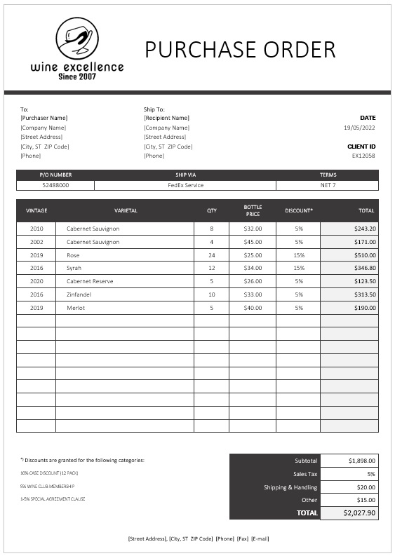 Drinks Purchase Order Template