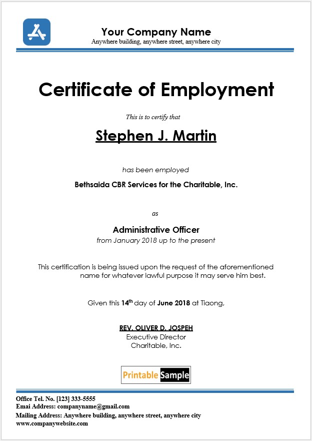 Professional Administrative Employment Certificate Template