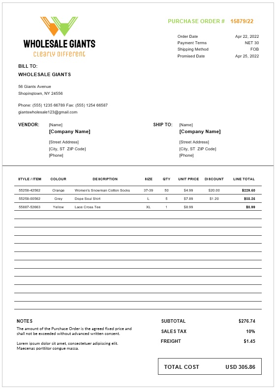 Wholesale Purchase Order Template