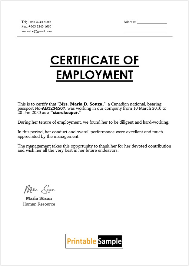 Employment Certificate with Performance Review