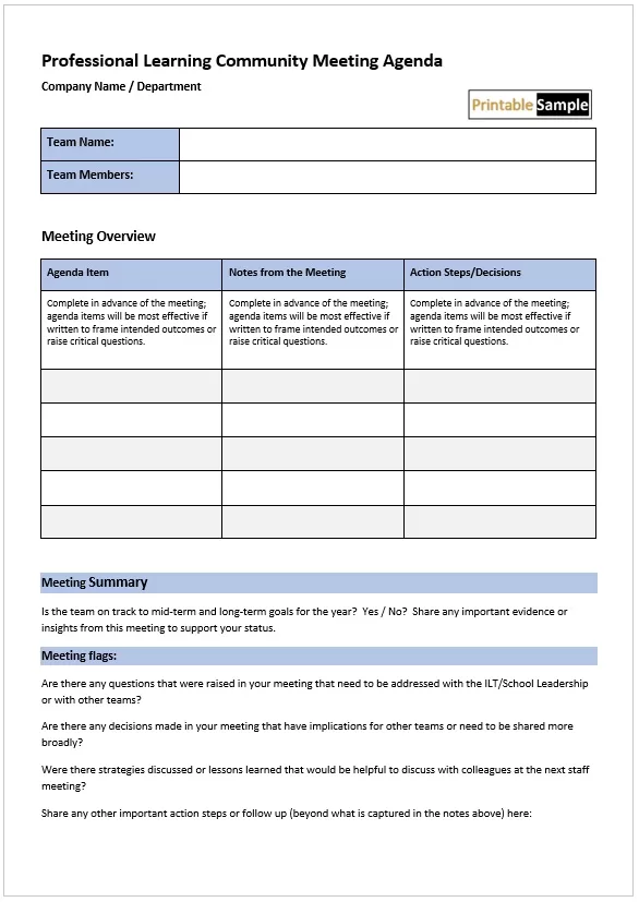 Professional Learning-Community Meeting Agenda