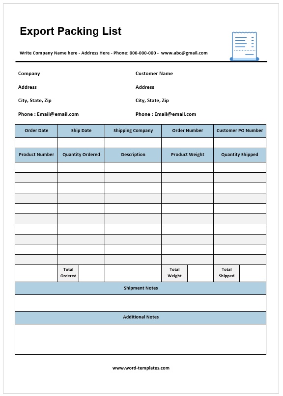 Export Packing List Template